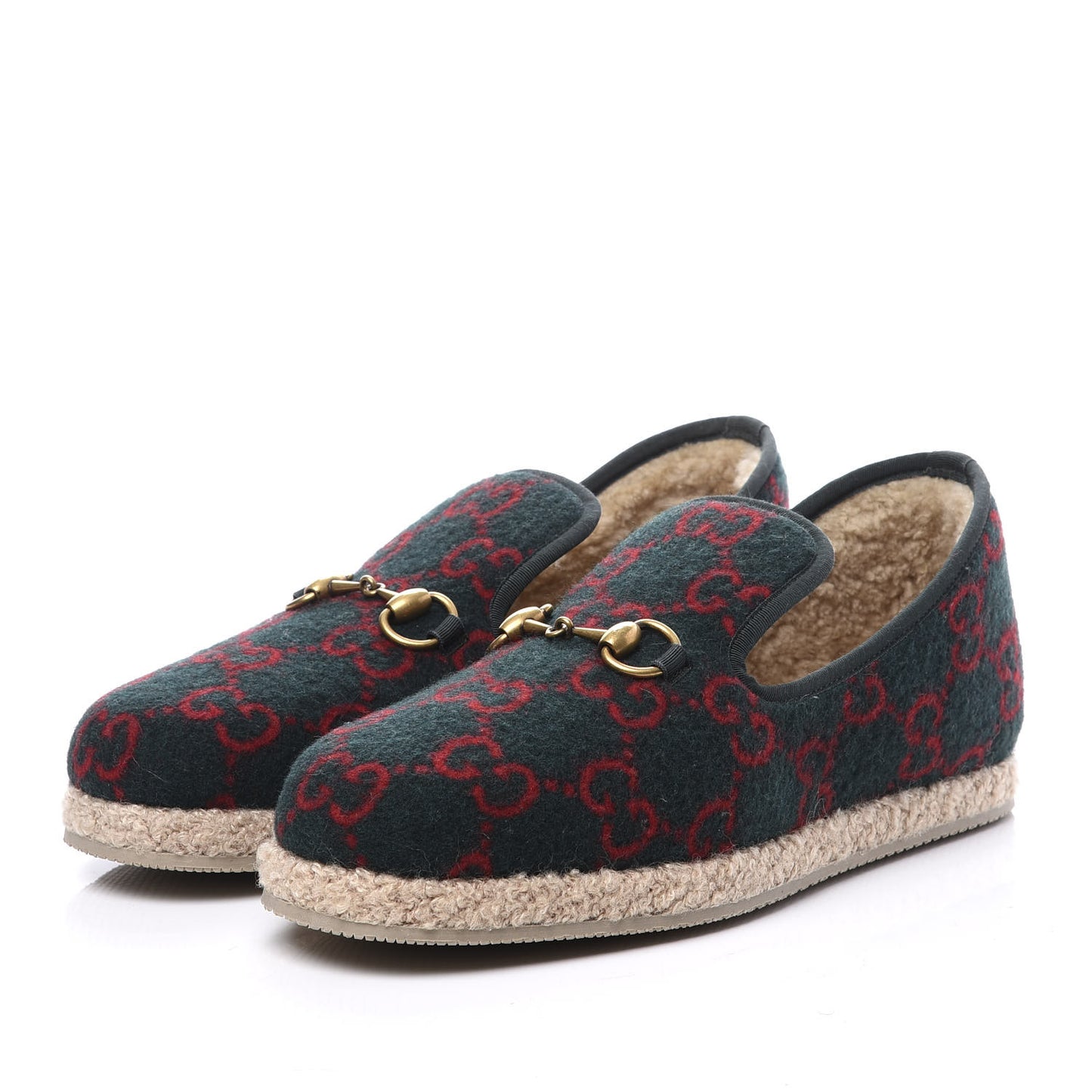 Covered Wool GG Monogram Mens Fria Horsebit Loafers 6 Green Red Shamarock Butterscotch
