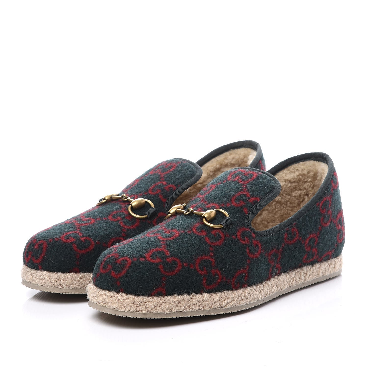 Gucci Covered Wool GG Monogram Mens Fria Horsebit Loafers 6 Green Red Shamarock Butterscotch 2 of 11