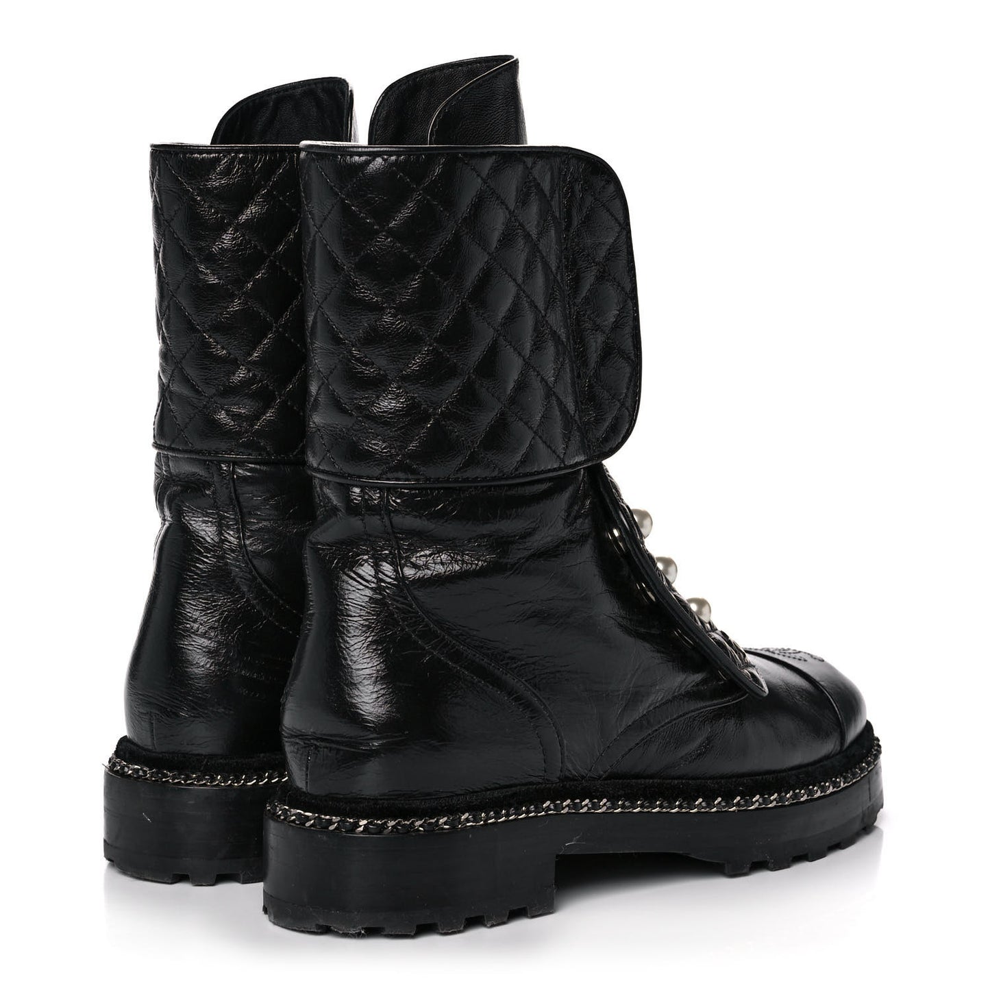 Crackled Calfskin Velvet Pearl Combat Ankle Boots 38 Black