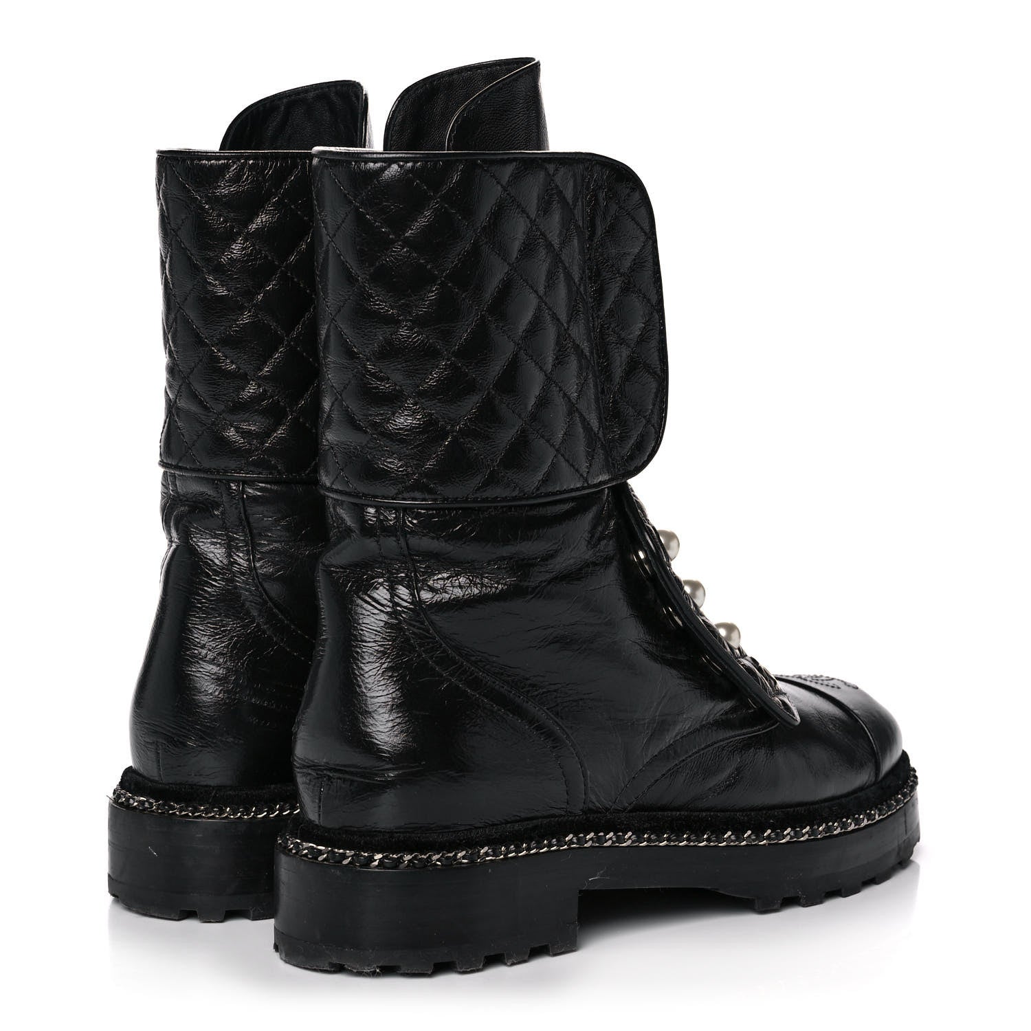 Chanel Crackled Calfskin Velvet Pearl Combat Ankle Boots 38 Black 4 of 9