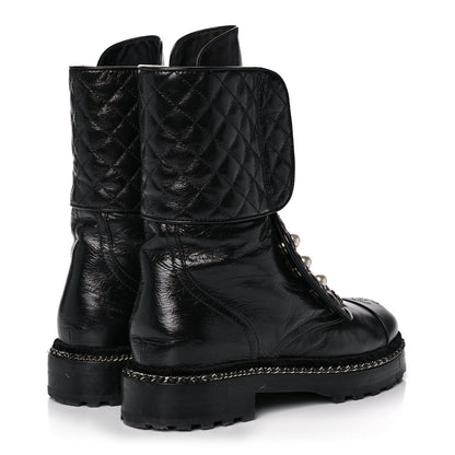 Chanel Crackled Calfskin Velvet Pearl Combat Ankle Boots 38 Black 4 of 9