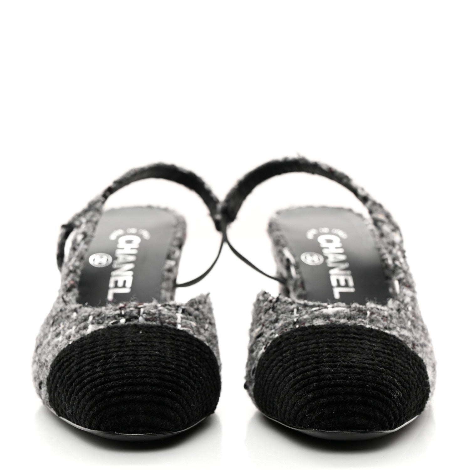 Chanel Tweed Corduroy Cap Toe Slingback Pumps 37 Grey Black 2 of 9