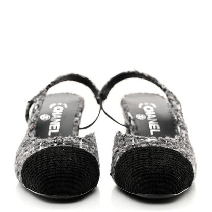 Chanel Tweed Corduroy Cap Toe Slingback Pumps 37 Grey Black 2 of 9