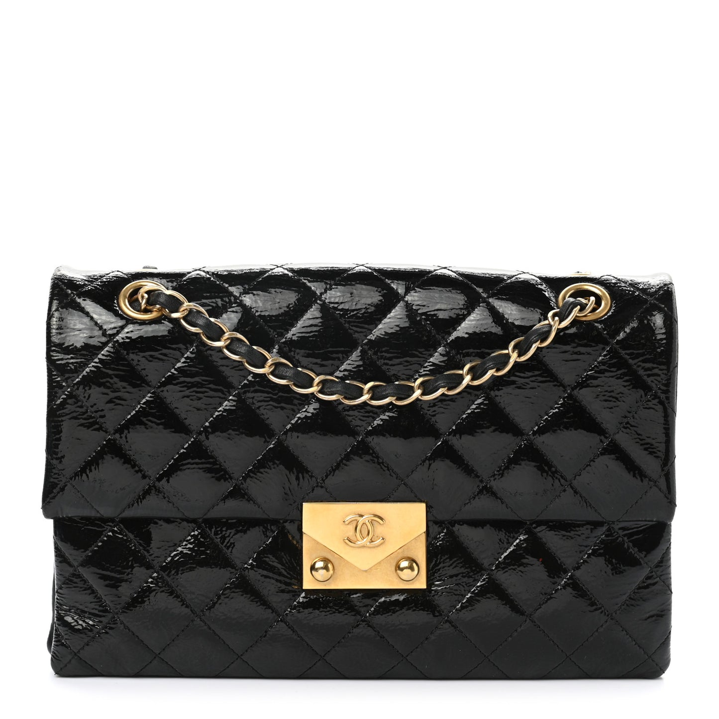 Patent Goatskin Quilted 3 Pocket Accordion Flap Black