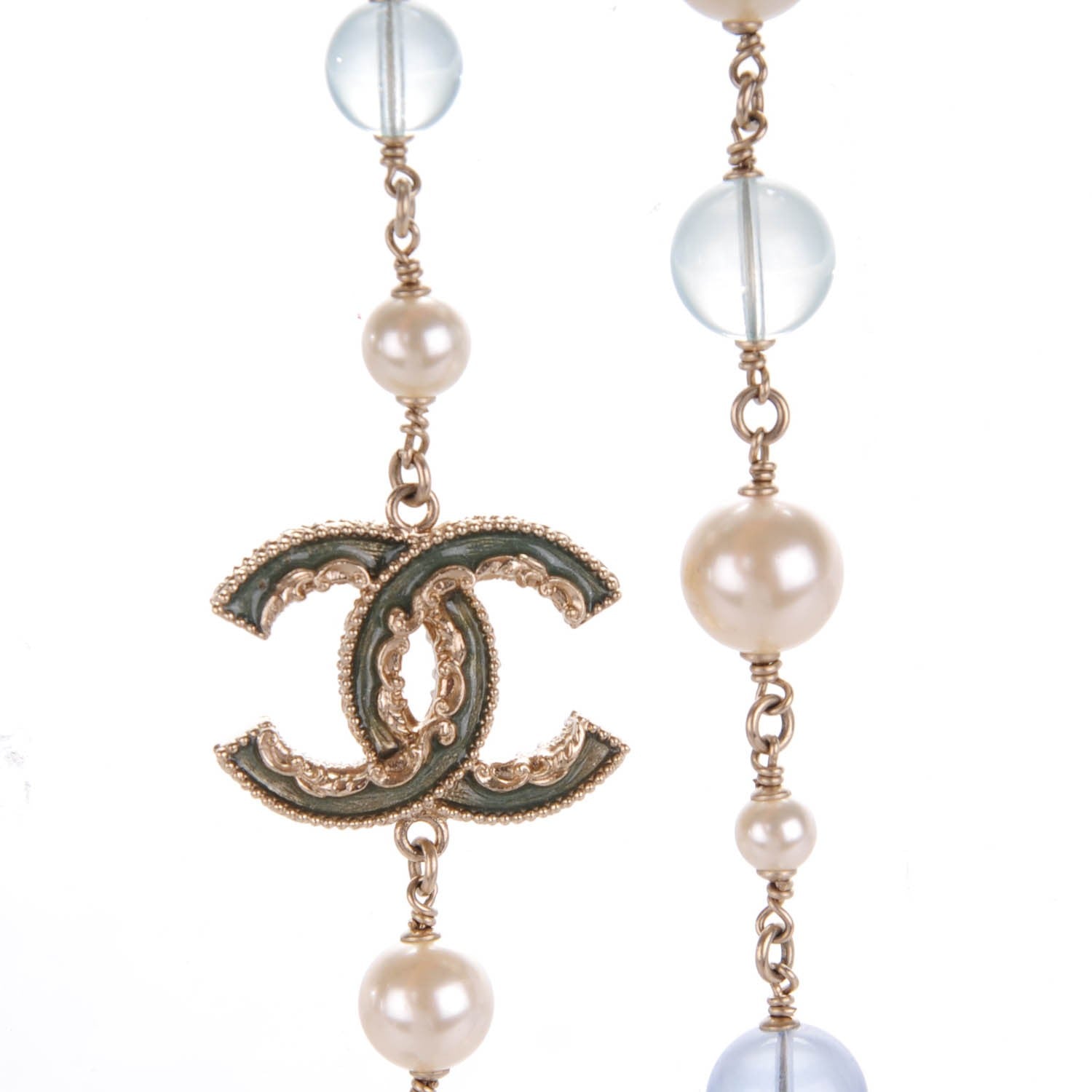 Chanel Pearl Bead Enamel CC Long Necklace Gold Blue 3 of 5