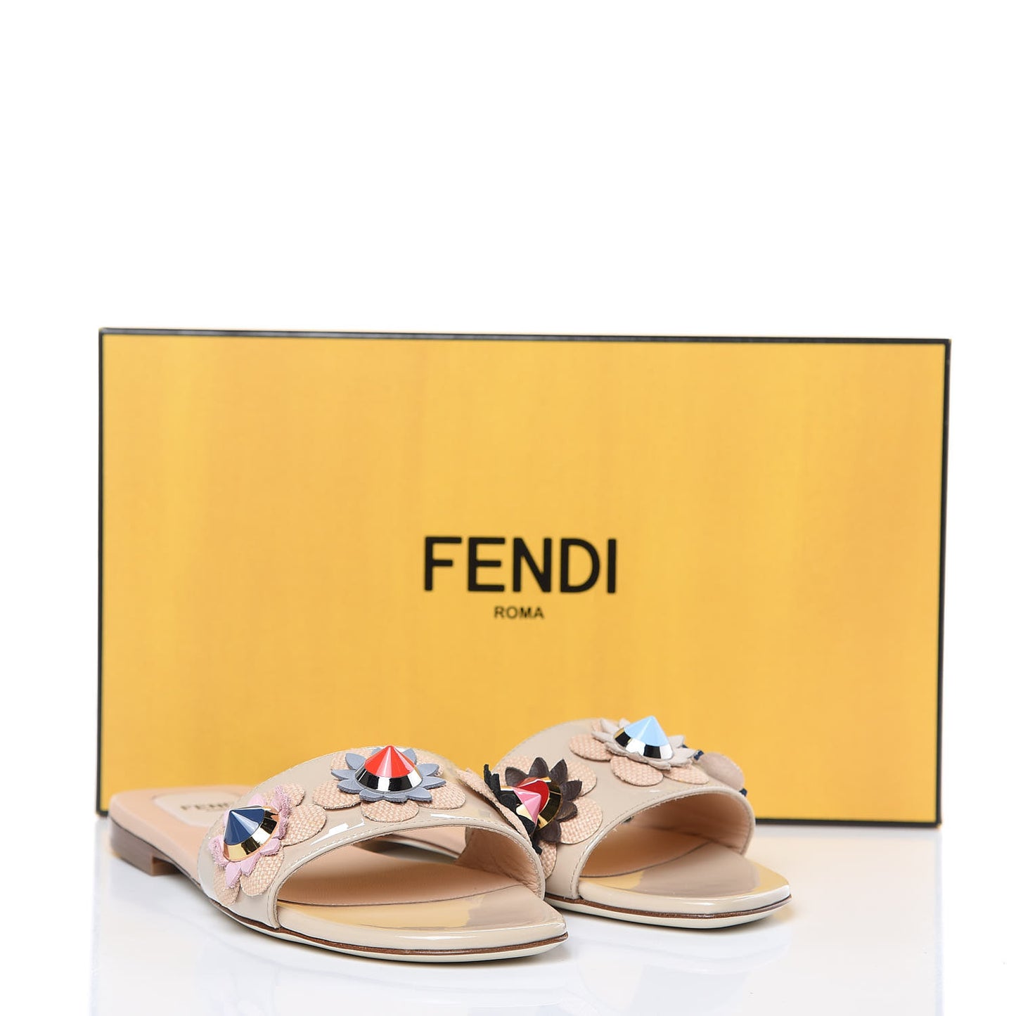 Calfskin Flowerland Flat Slide Sandals 36 Cappucino