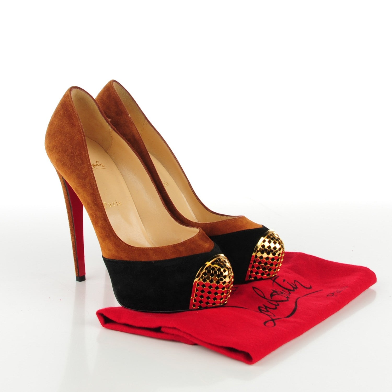 Christian Louboutin Suede Calfskin Maggie 140 Pumps 38.5 Black Brown 10 of 16
