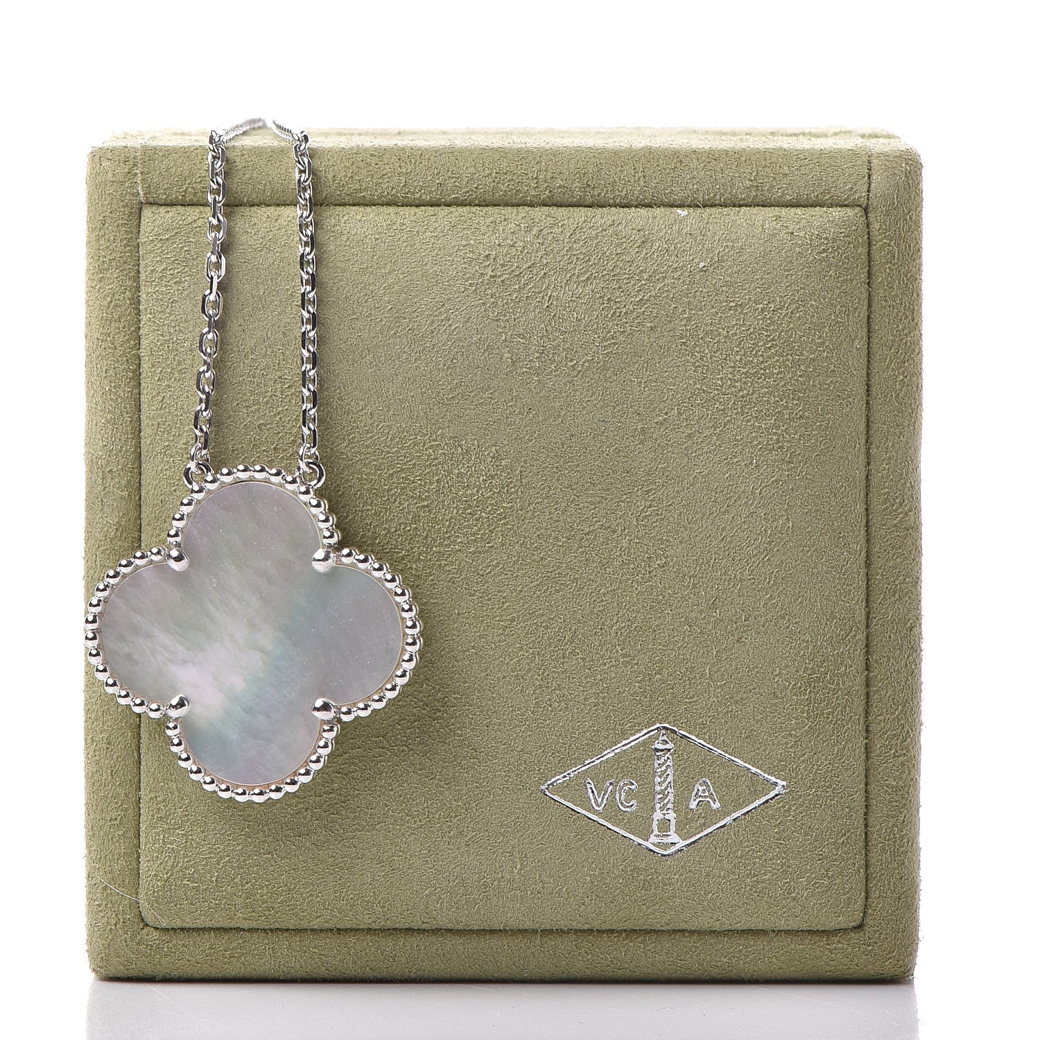 Van Cleef & Arpels 18K White Gold Mother of Pearl Magic Alhambra Pendant Necklace 7 of 7