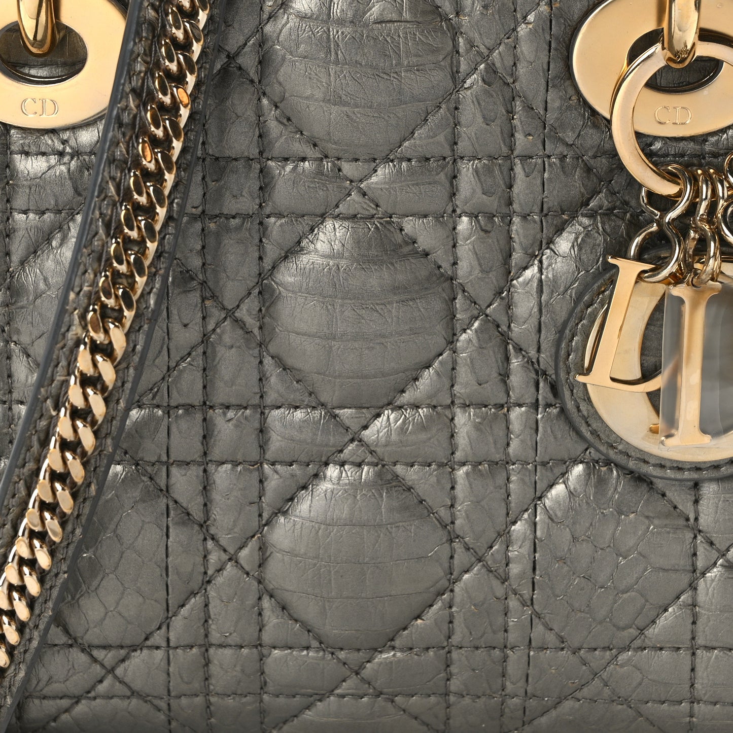 Metallic Snakeskin Cannage Mini Lady Dior Silver