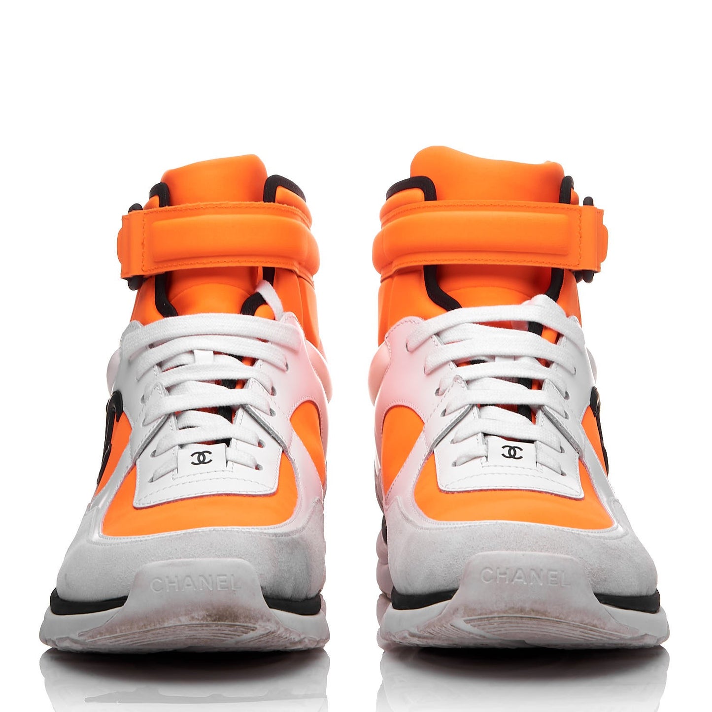 Suede Calfskin Lambskin Neoprene High Top CC Sneakers 40.5 White Fluo Orange