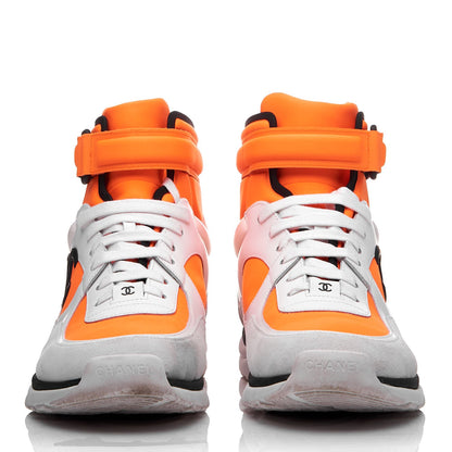 Chanel Suede Calfskin Lambskin Neoprene High Top CC Sneakers 40.5 White Fluo Orange 2 of 10