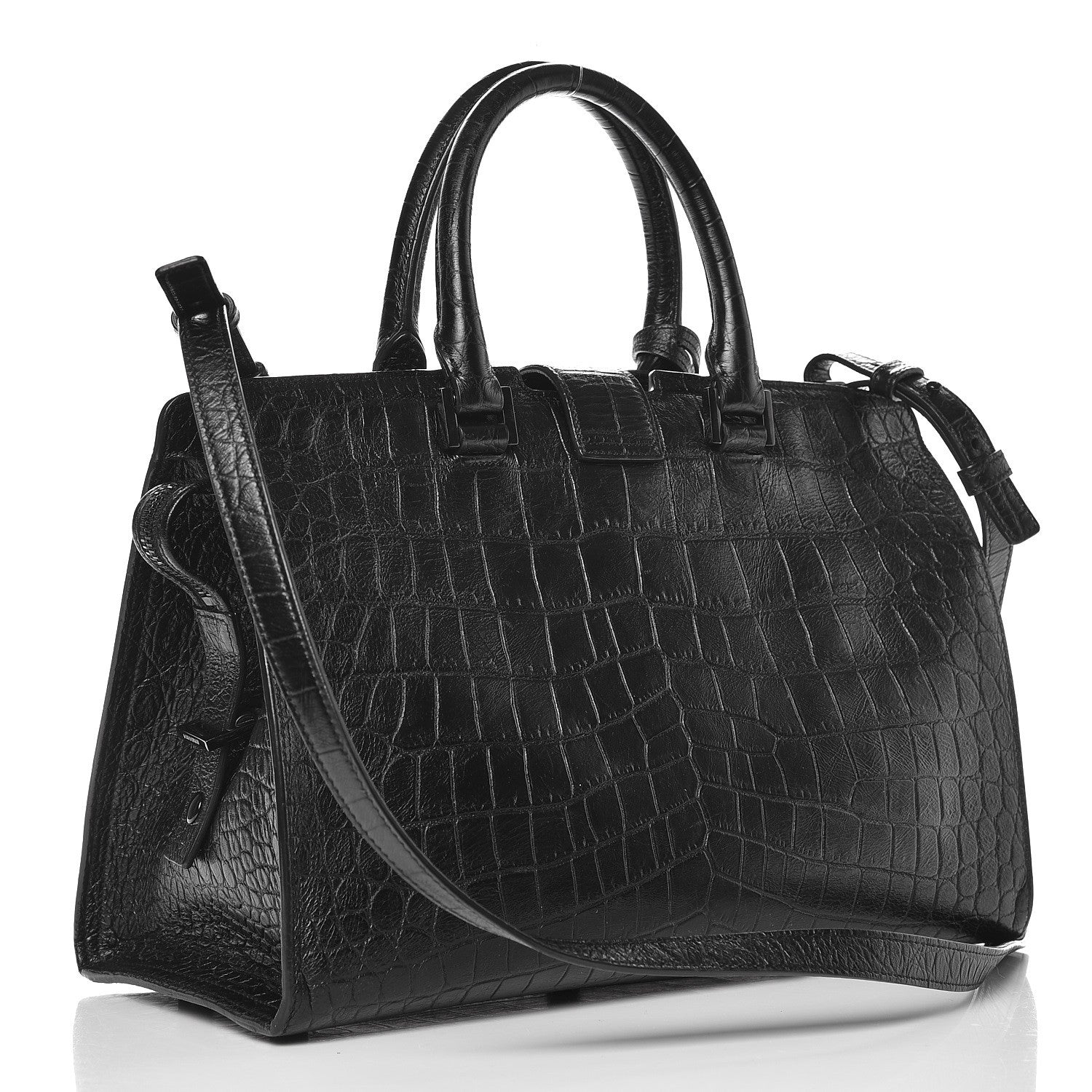 Saint Laurent Calfskin Crocodile Embossed Small Monogram Cabas Black 3 of 9