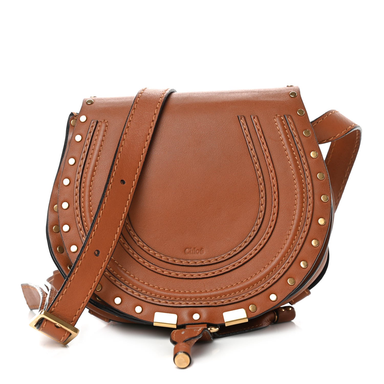 Chloe Calfskin Studded Mini Marcie Round Crossbody Bag Caramel 1 of 9