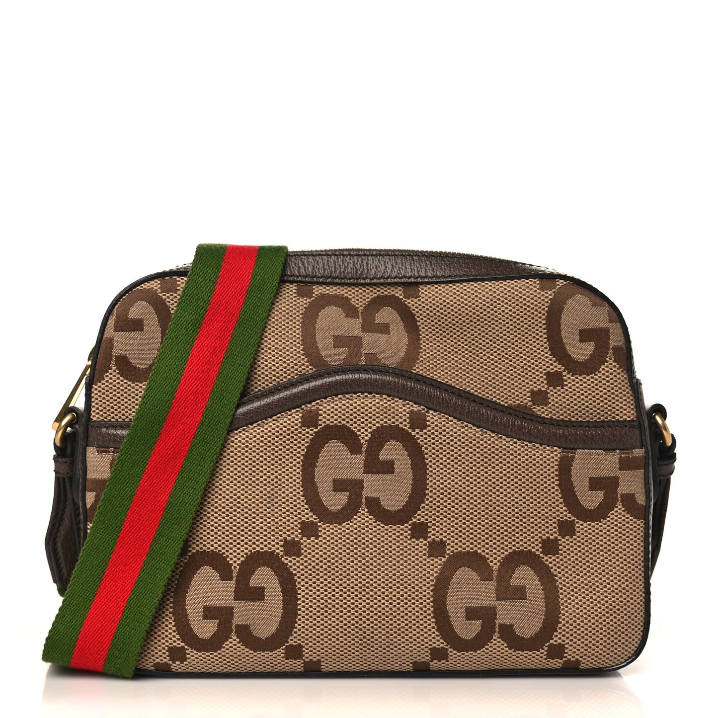 Monogram Jumbo GG Textured Dollar Calfskin Web Messenger Shoulder Bag Camel Ebony New Acero