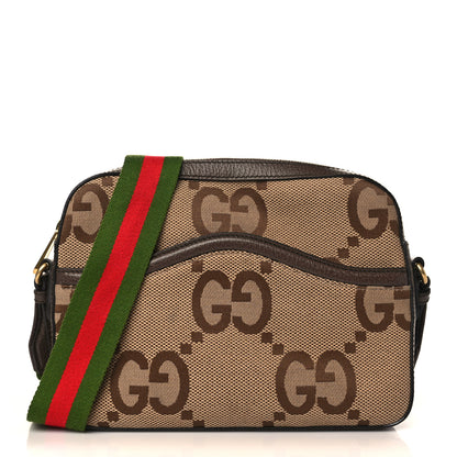 Gucci Monogram Jumbo GG Textured Dollar Calfskin Web Messenger Shoulder Bag Camel Ebony New Acero 1 of 9
