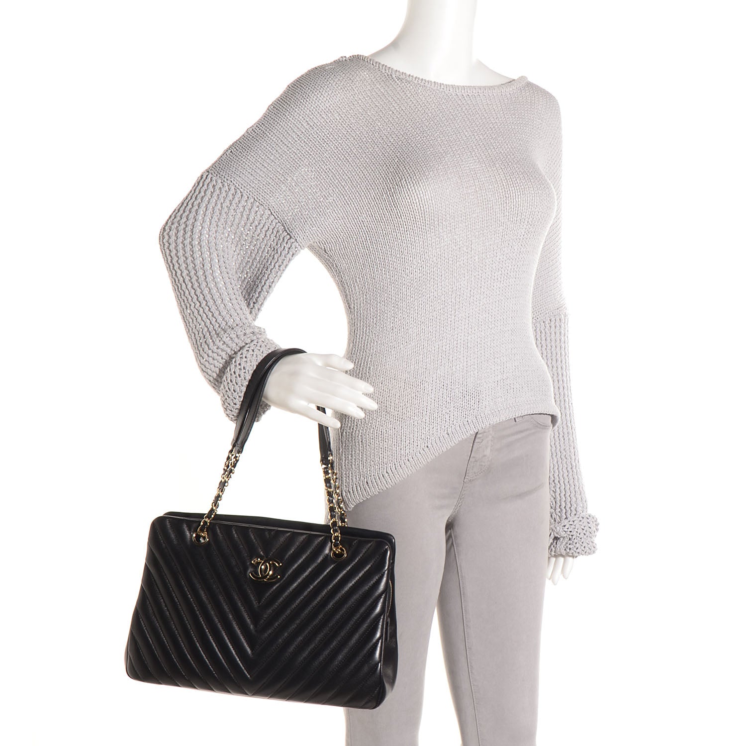 Chanel Lambskin Surpique Chevron Large Tote Black 2 of 9