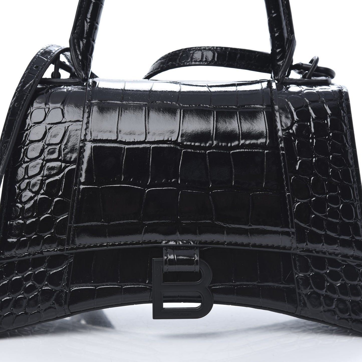Shiny Calfskin Monochrome Crocodile Embossed Small Hourglass Top Handle Bag Black