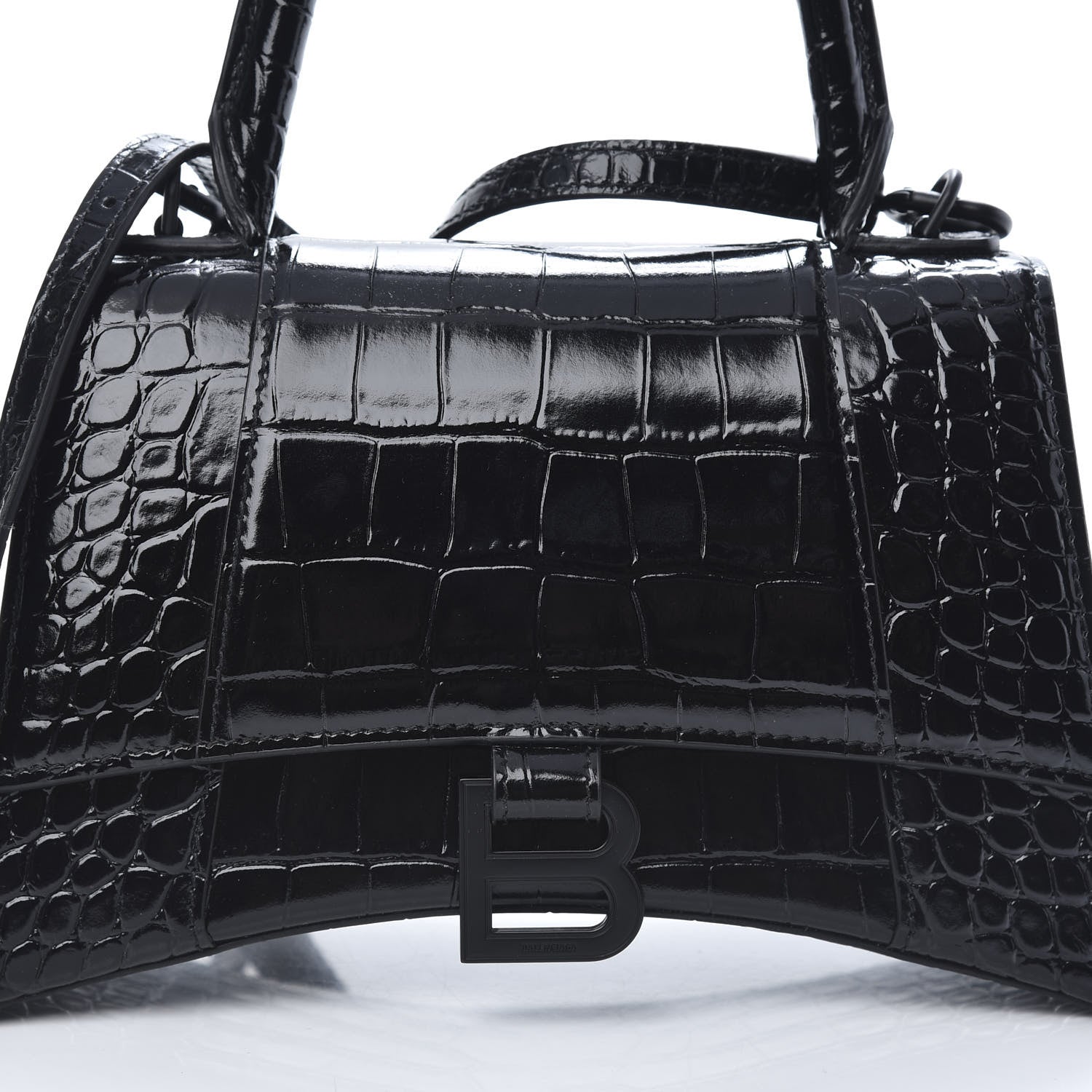 Balenciaga Shiny Calfskin Monochrome Crocodile Embossed Small Hourglass Top Handle Bag Black 7 of 11