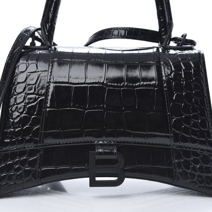Balenciaga Shiny Calfskin Monochrome Crocodile Embossed Small Hourglass Top Handle Bag Black 7 of 11