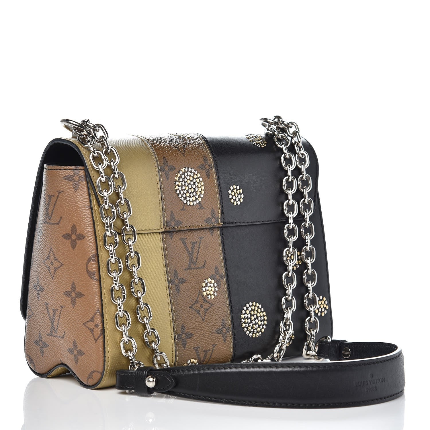Louis Vuitton Calfskin Reverse Monogram Studded Twist Shoulder Bag MM Black Gold 3 of 13
