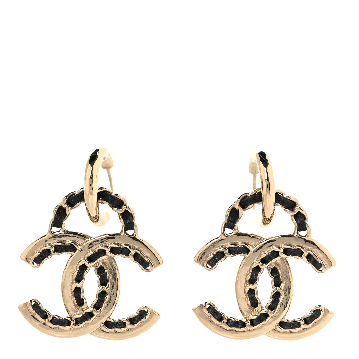 Lambskin Chain CC Drop Earrings Black Gold