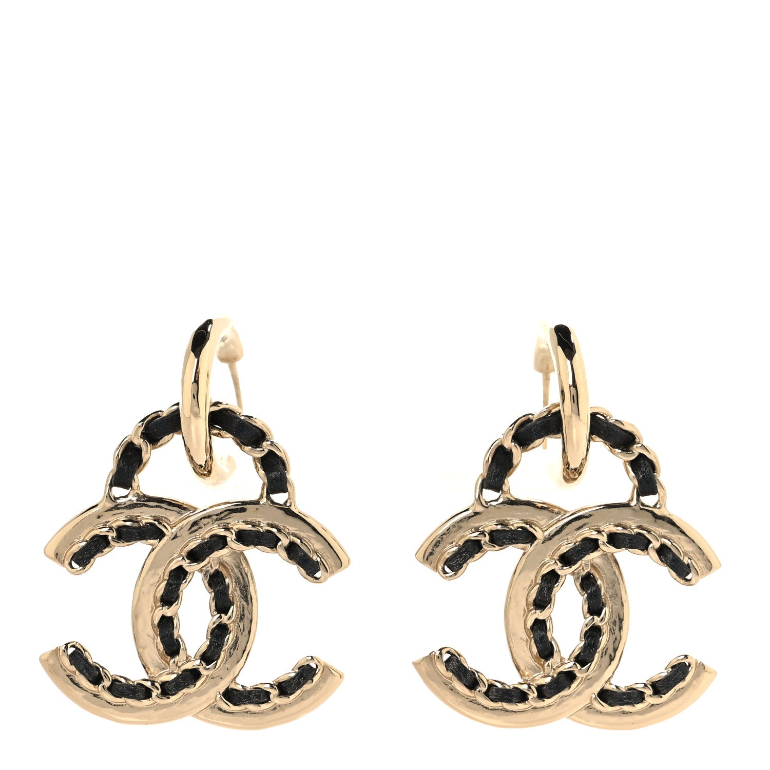 Chanel Lambskin Chain CC Drop Earrings Black Gold 1 of 4