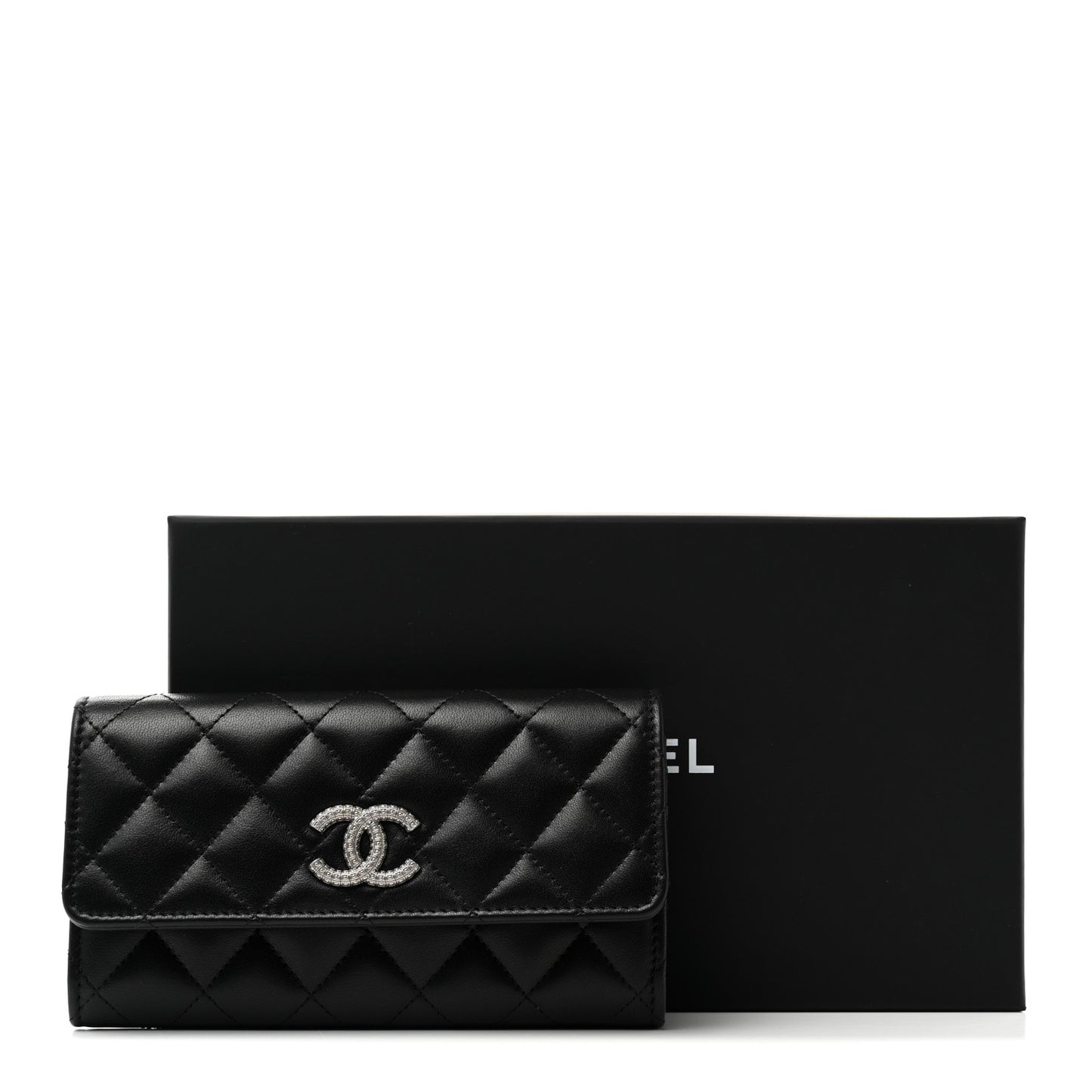 Lambskin Quilted Crystal CC Medium Flap Wallet Black