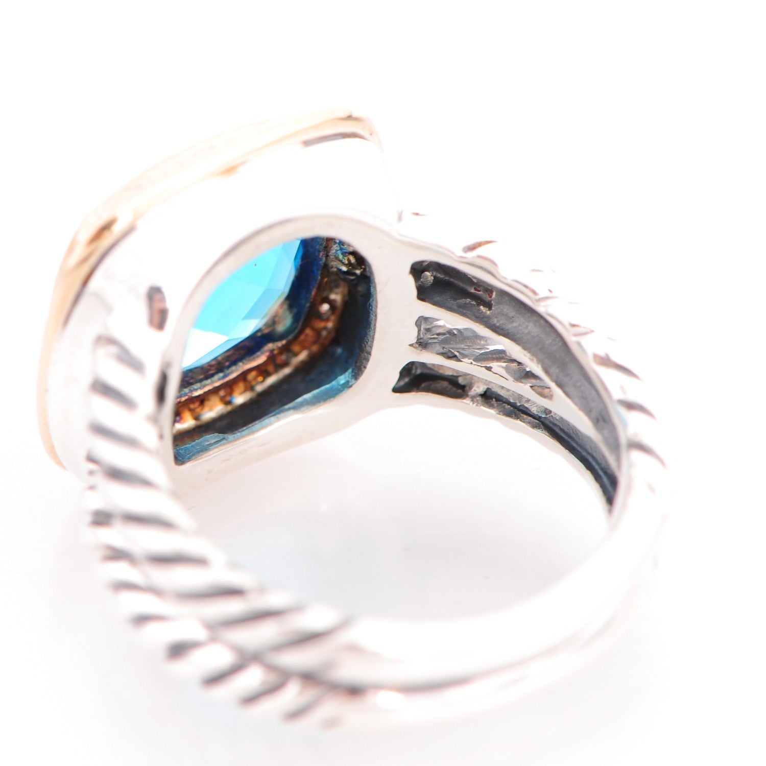 David Yurman Sterling Silver 18K Yellow Gold Diamond Blue Topaz 11mm Albion Ring 53 6.5 6 of 8