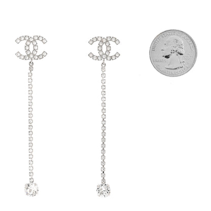 Chanel Metal Baguette Round Crystal CC Drop Long Earrings Silver 2 of 4