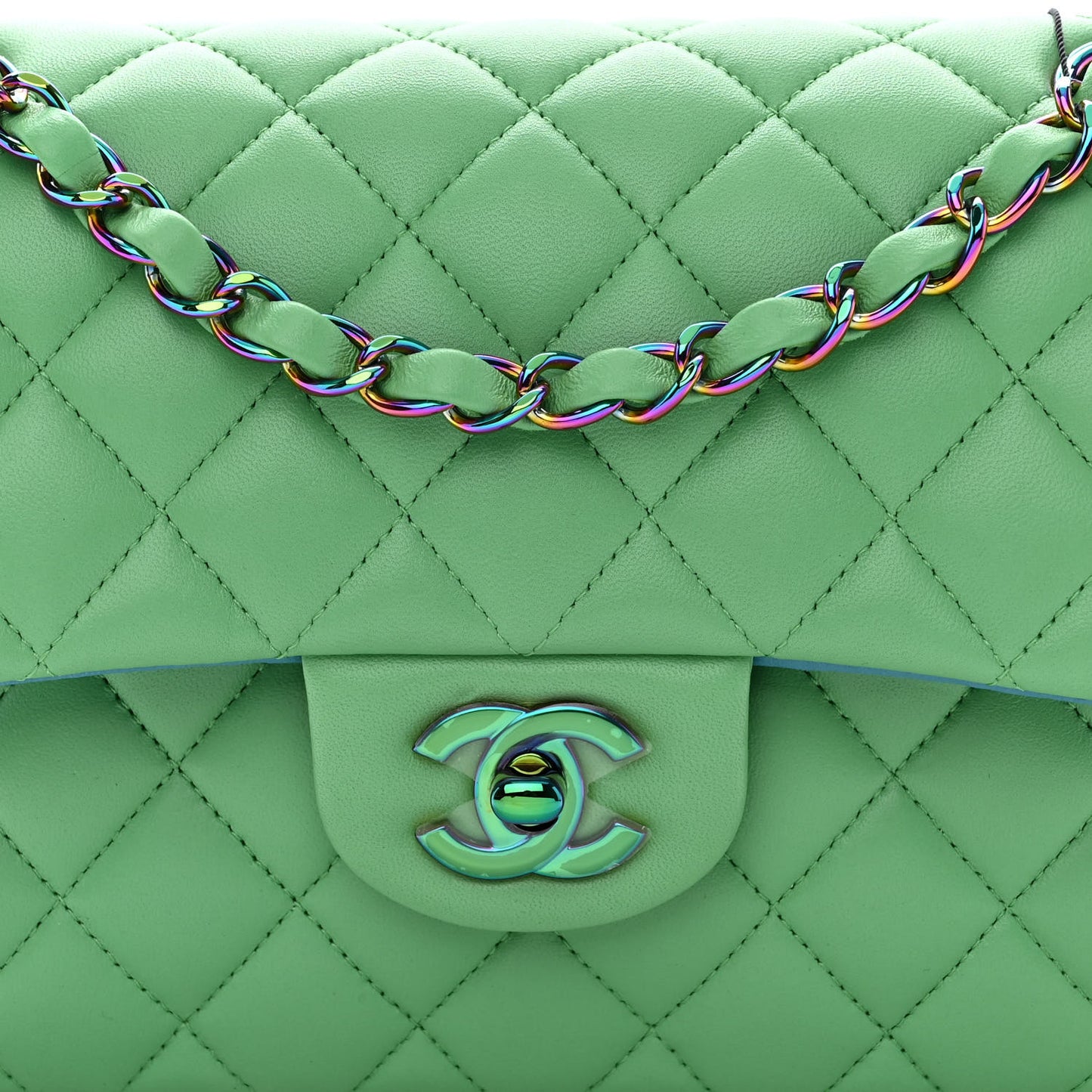 Lambskin Quilted Small Double Flap Green Blue