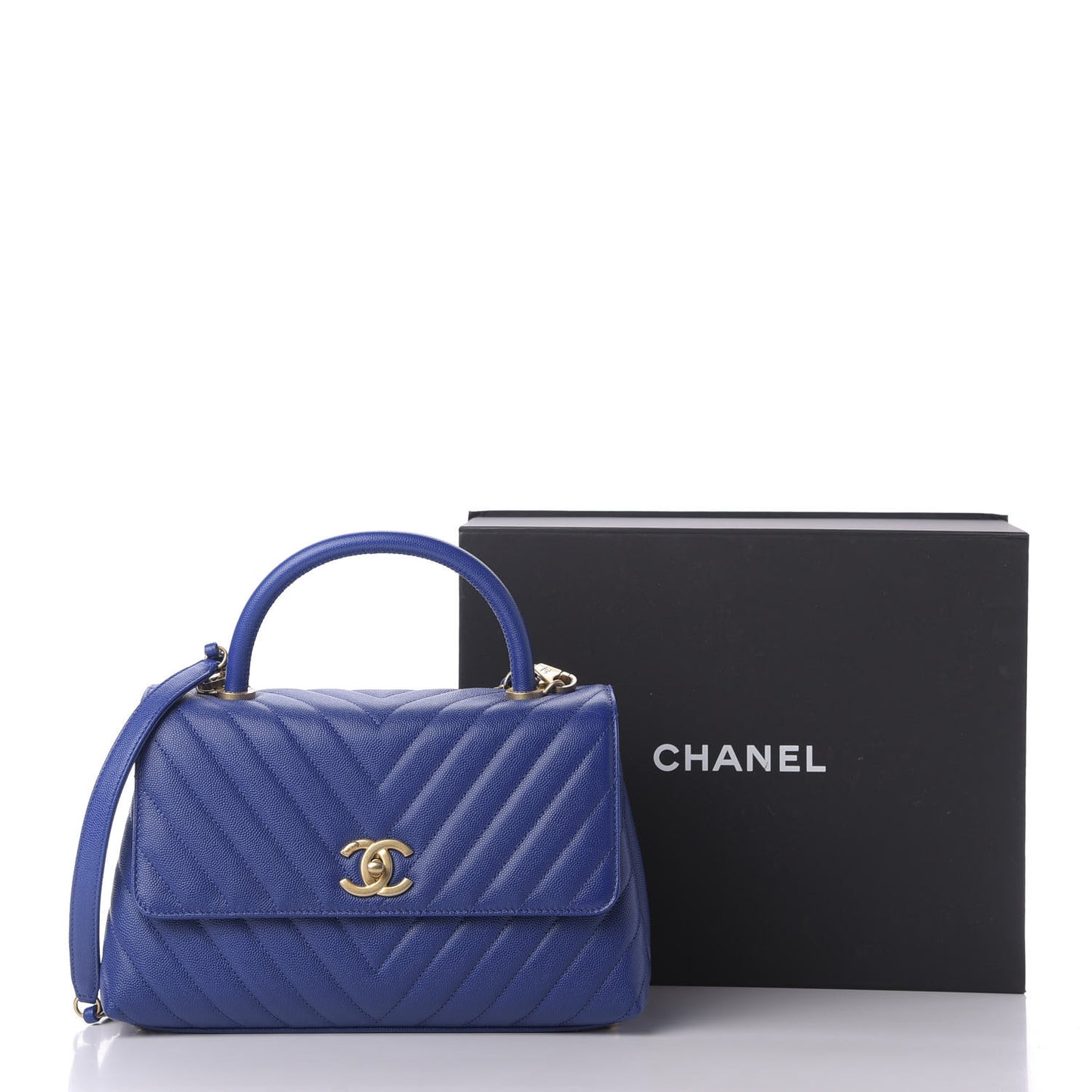 Caviar Chevron Quilted Small Coco Handle Flap Blue