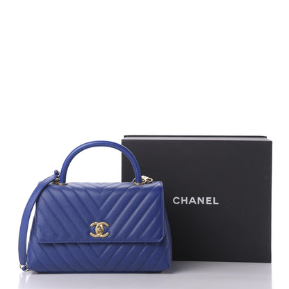 Chanel Caviar Chevron Quilted Small Coco Handle Flap Blue 10 of 10