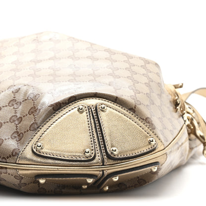 Gucci Crystal Monogram Metallic Calfskin Large Indy Top Handle Bag Beige Ebony Gold 10 of 10