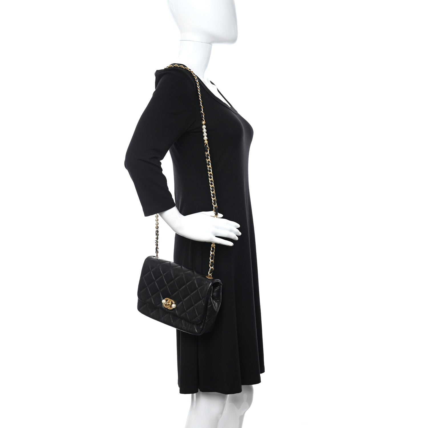 Chanel Glazed Calfskin Quilted Pearl Side Flap Black 2 of 10