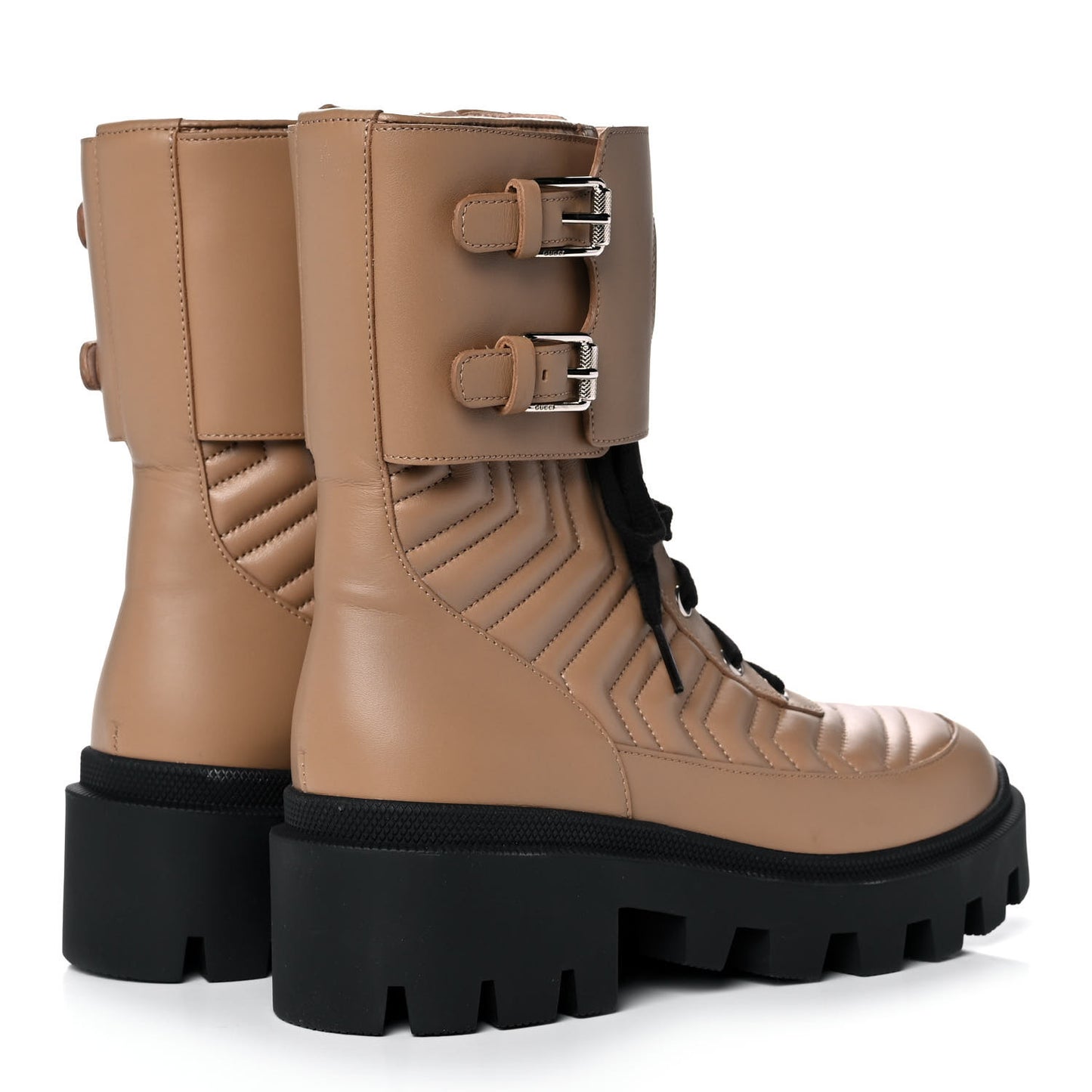 Nappa Frances GG Matelasse Platform Combat Boots 37 Natural Tan