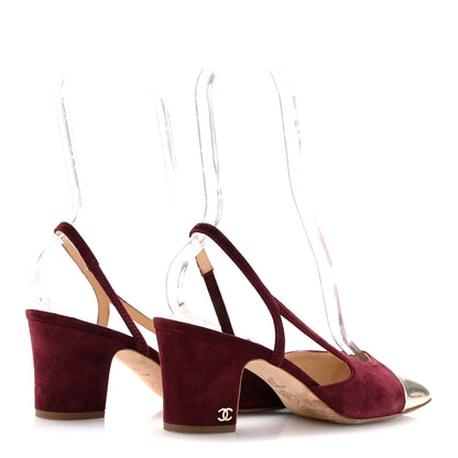 Chanel Kid Suede Metallic Lambskin Cap Toe CC Slingback Pumps 37.5 Burgundy Gold 5 of 12