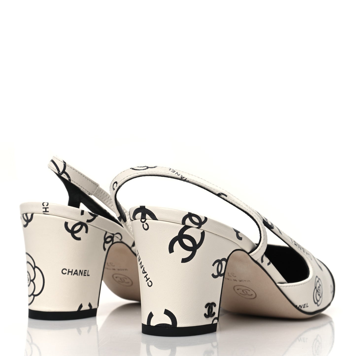 Printed Lambskin Cap Toe CC Slingback Pumps 37 Black White