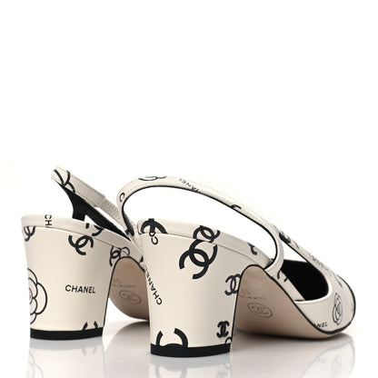 Chanel Printed Lambskin Cap Toe CC Slingback Pumps 37 Black White 4 of 9