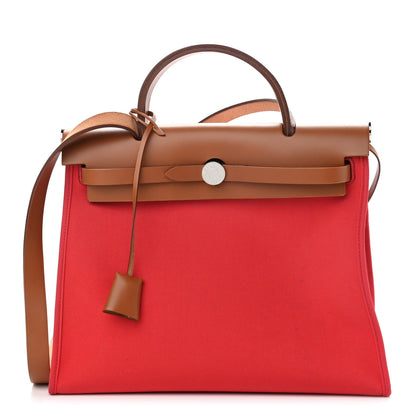 Hermes Vache Hunter Toile Herbag Zip 31 PM Rouge Tomate Natural 3 of 12