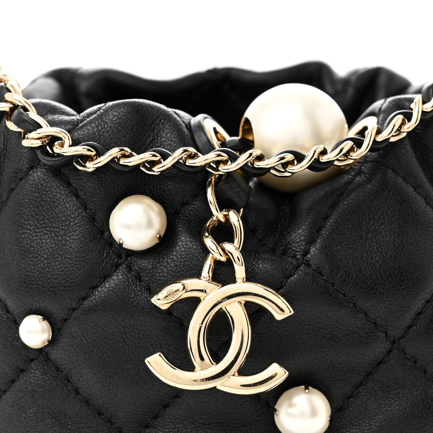 Lambskin Quilted Pearl Mini About Pearls Drawstring Bag Black