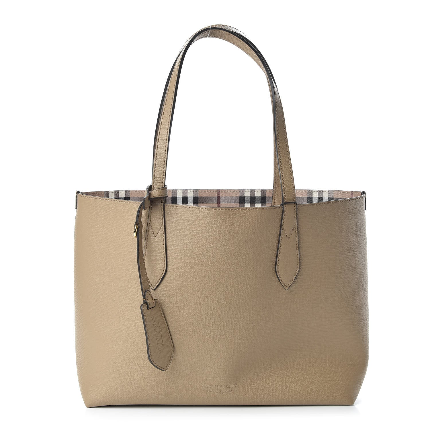 Burberry Grainy Calfskin Haymarket Check Medium Reversible Tote Camel 1 of 16