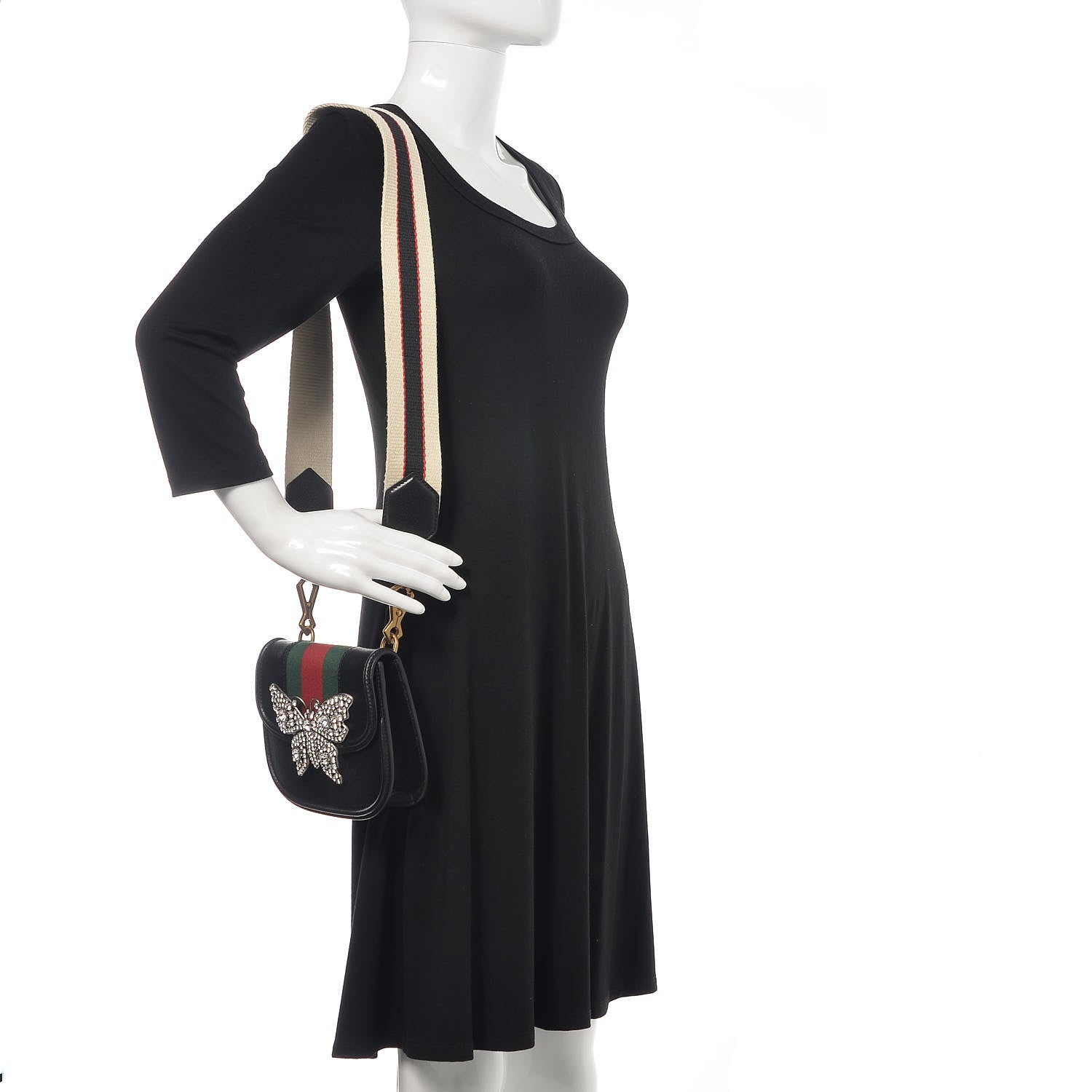 Gucci Calfskin Web Crystal Butterfly Stripe Small Totem Shoulder Bag Black 2 of 16