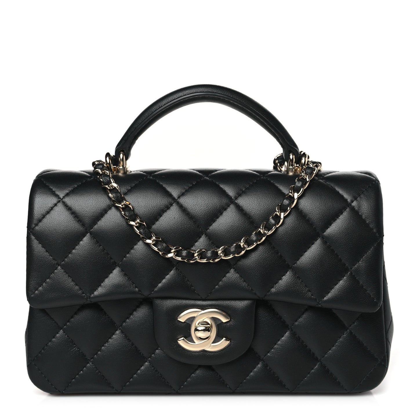 Lambskin Quilted Mini Top Handle Rectangular Flap Black