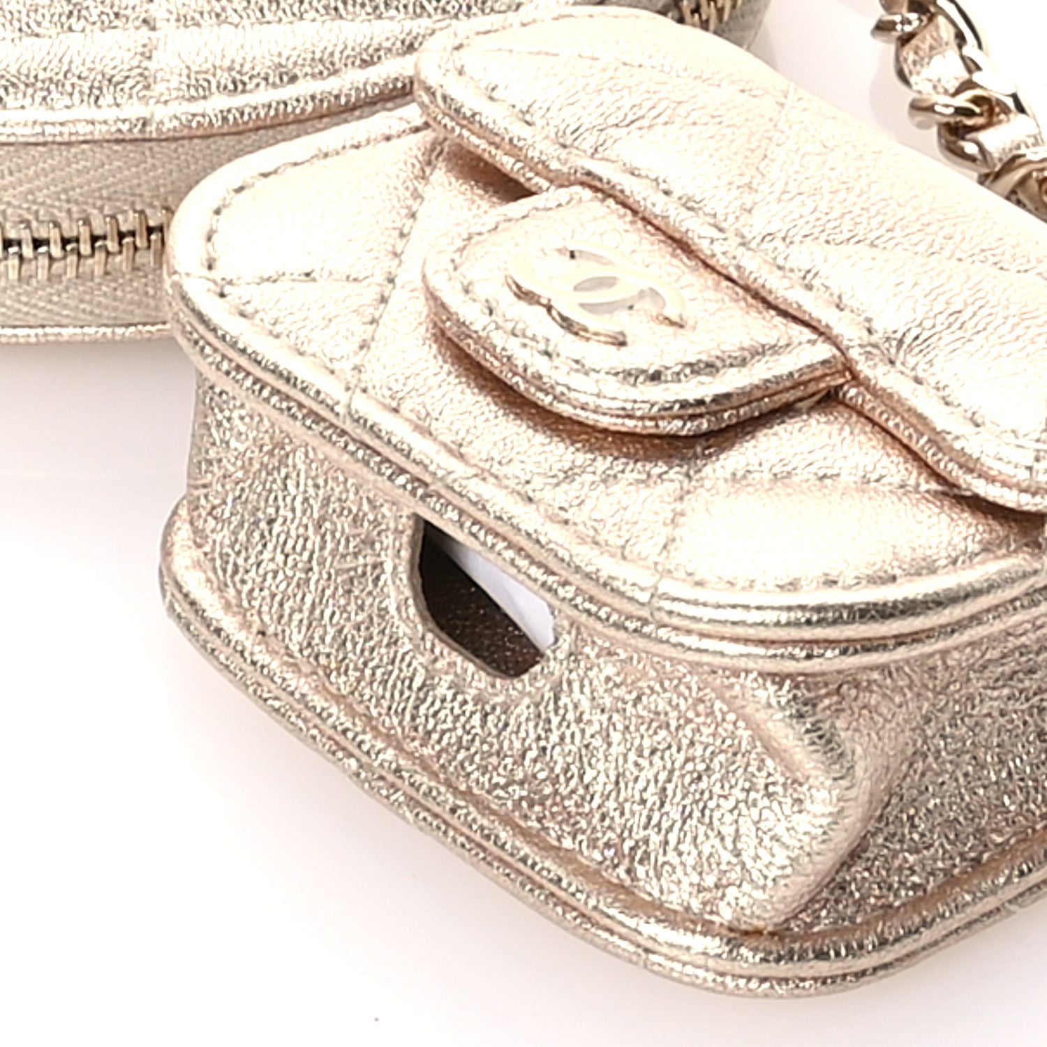 Chanel Metallic Lambskin Quilted Round Clip On Coin Purse Airpods Case Gold 10 of 11