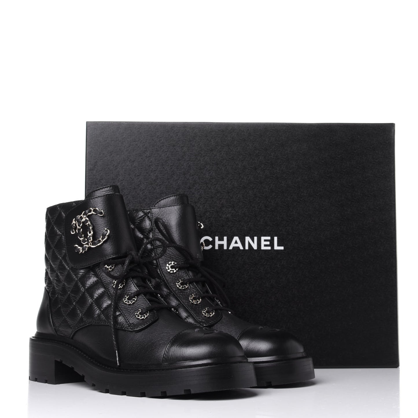 Shiny Goatskin Calfskin Quilted Lace Up Combat Boots 39 Black