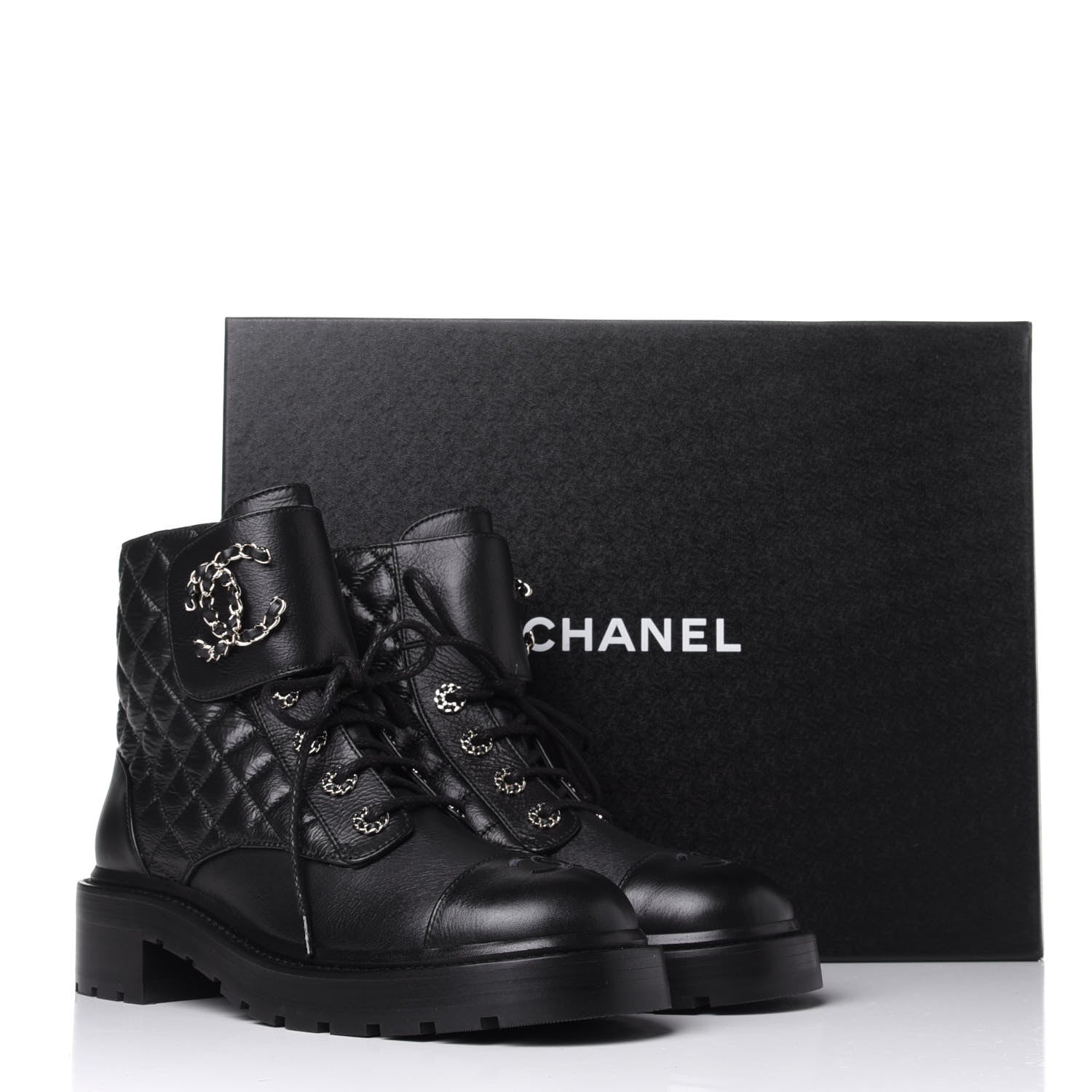 Chanel Shiny Goatskin Calfskin Quilted Lace Up Combat Boots 39 Black 11 of 11