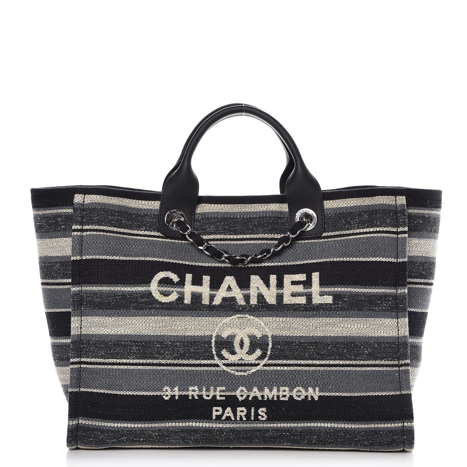 Chanel Striped Canvas Medium Deauville Tote Black 1 of 8
