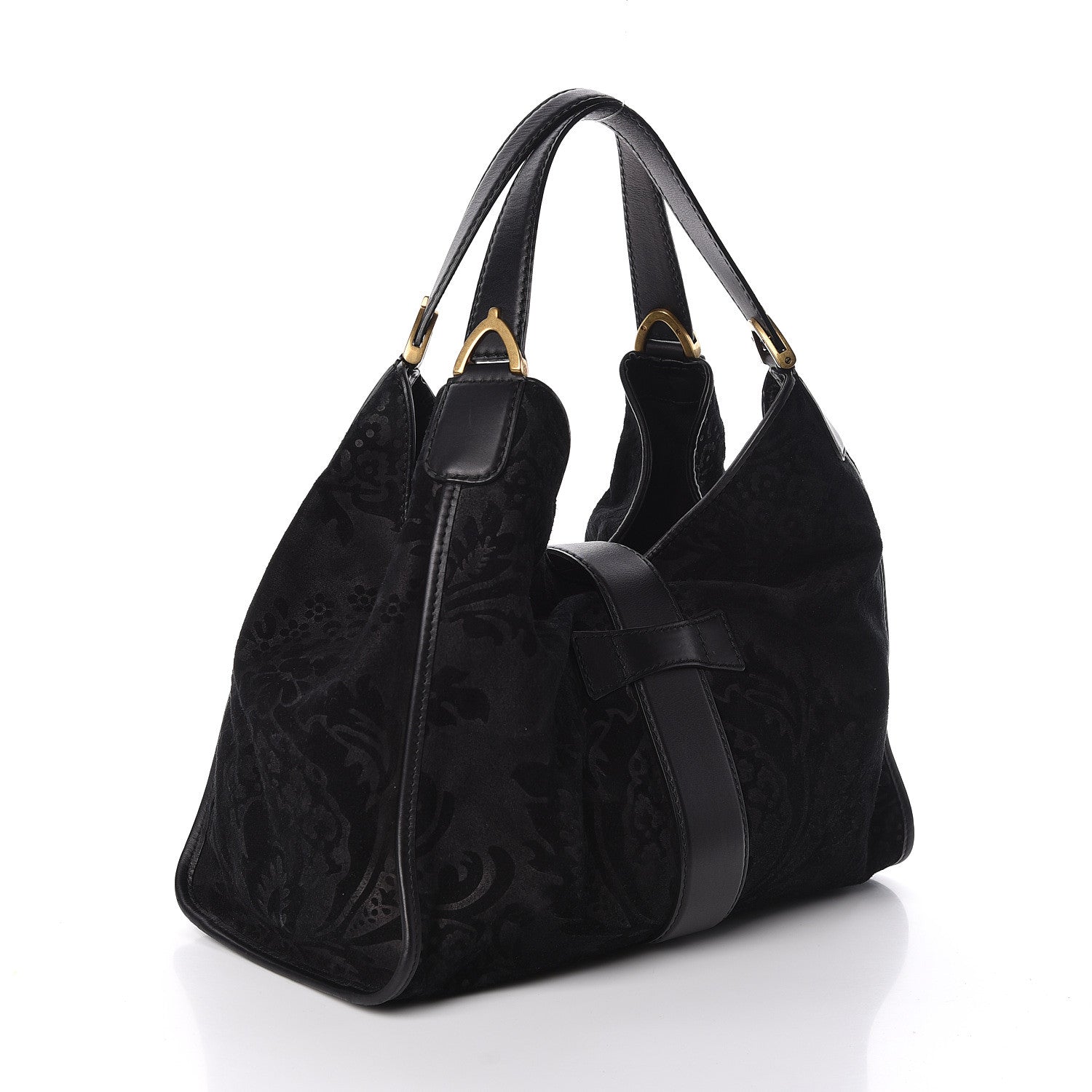Gucci Nubuck Brocade Medium Soft Stirrup Shoulder Bag Black 3 of 10