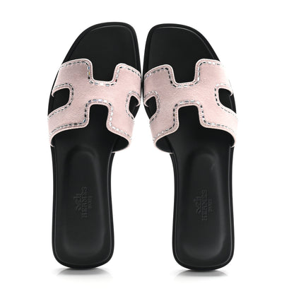 Hermes Suede Goatskin Crystal Embellished Oran Sandals 37 Rose Porcelaine 2 of 10