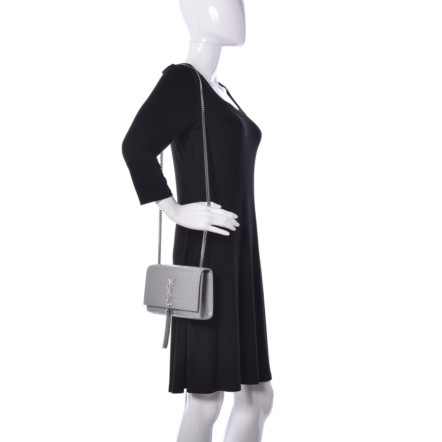 Croc Calfskin Embossed Small Classic Monogram Kate Tassel Satchel Mouse Grey